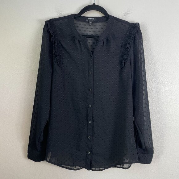 Express Womens Large Black Swiss Dot Sheer Blouse Long Sleeve Button Up Shirt - Picture 6 of 9